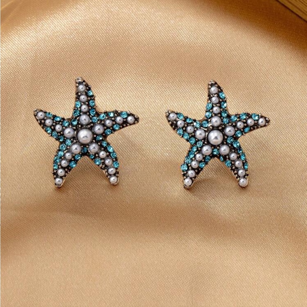 Starfish fake Pearl & fake Turquoise Crystal Stud Earrings